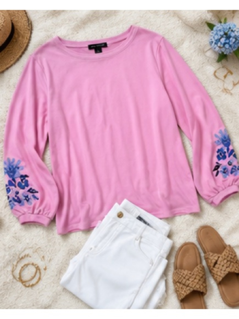 Ann Taylor Pink Floral Embroidered Balloon Sleeve Top Large - Picture 3 of 10